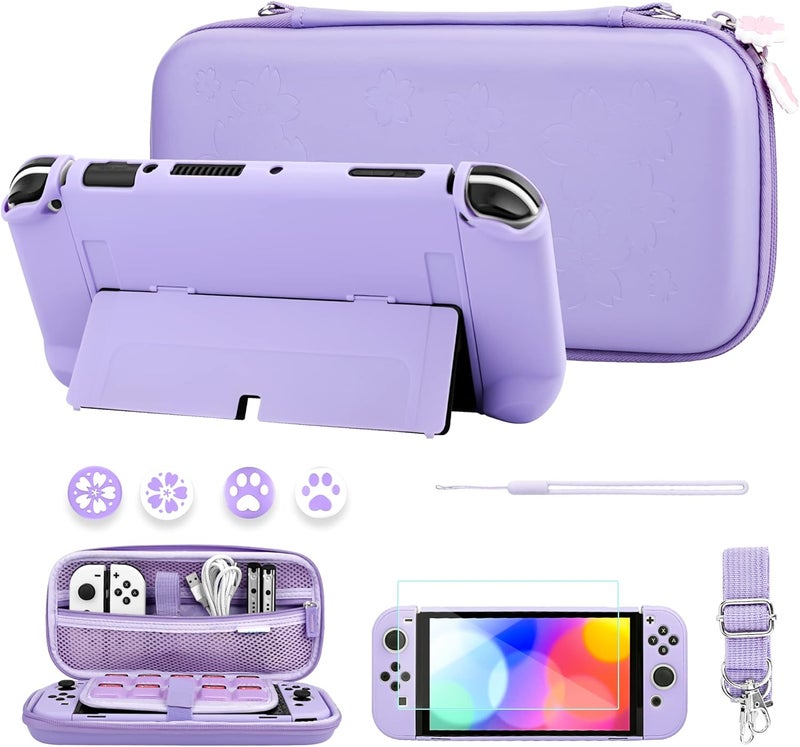 F'DIARY Purple Travel Carrying Case for Nintendo Switch OLED with Sakura Design Portable Accessories Kit with Slim Storage Bag, Dockable PC Skin Case, Screen Protector, Shoulder Strap & 4 Thumb Caps - Image 1